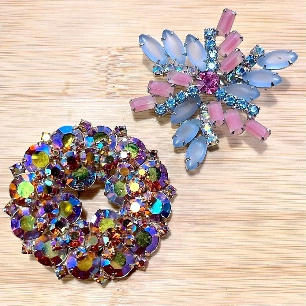 Set of 2 Antique Vintage Brooches Large Decorative Rhinestone Pins Blazer Jacket